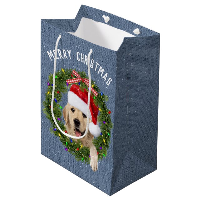 Sac Cadeau Moyen Joyeux Noël Golden Retriever sur denim (Devant Angle)