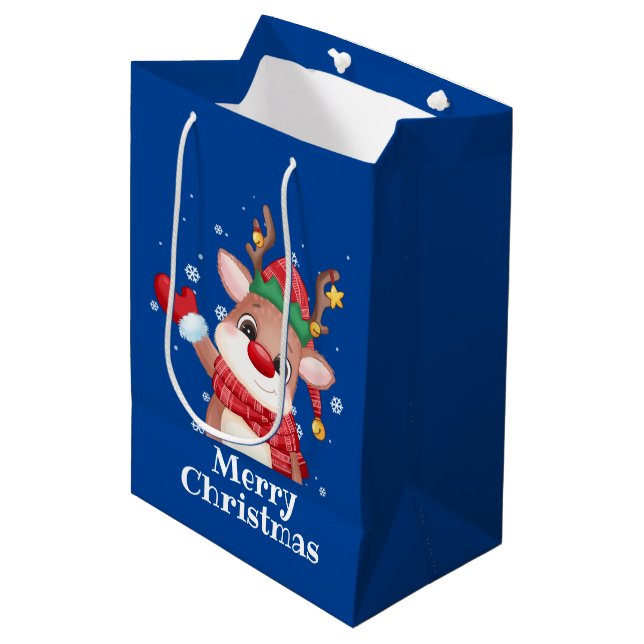 Sac Cadeau Moyen Joyeux Noël mignon Rudolph Le renne du nez rouge (Devant Angle)
