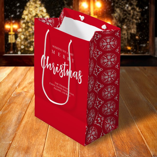 Sac Cadeau Moyen Joyeux Noël mignon Whimsical Red Snowflake (Merry Christmas holiday snowflake pattern gift bag.)