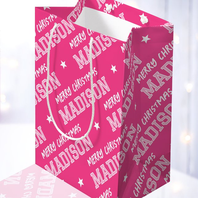Sac Cadeau Moyen Joyeux Noël Nom Typographie rose (Créateur téléchargé)