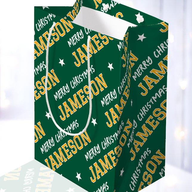Sac Cadeau Moyen Joyeux Noël Nom Typographie Vert Jaune (Créateur téléchargé)