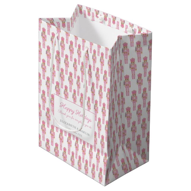 Sac Cadeau Moyen Joyeux Noël Pastel Pink Nutcracker Vacances (Devant Angle)