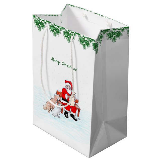 Sac Cadeau Moyen Joyeux Noël! Père Noël avec chat et chien (Dos Angle)
