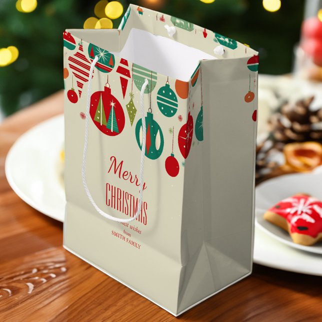 Sac Cadeau Moyen Joyeux Noël rétro baubles du milieu du siècle simp (Merry Christmas modern retro midcentury baubles simple beige Medium Gift Bag)