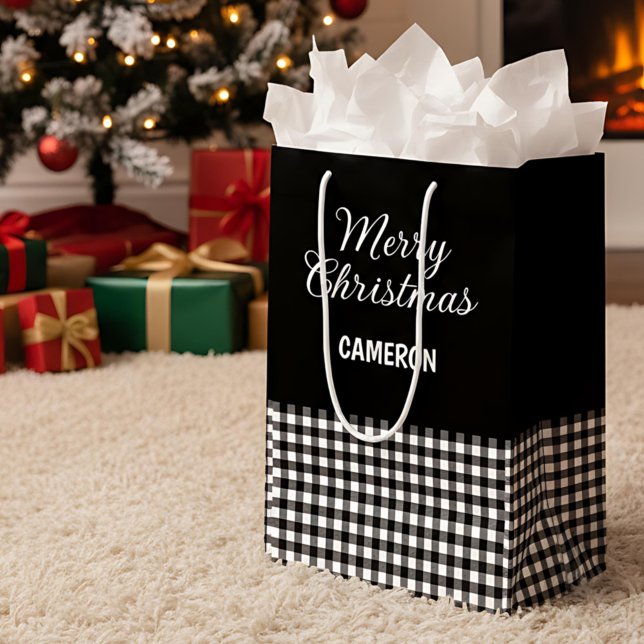 Sac Cadeau Moyen Joyeux Noël Rustique noir & blanc Buffalo plaqué (Créateur téléchargé)