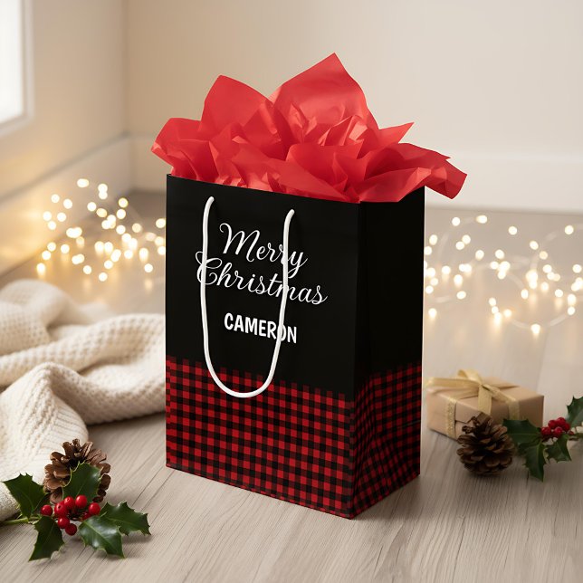 Sac Cadeau Moyen Joyeux Noël Rustique Rouge & Buffalo noir Plaid (Créateur téléchargé)
