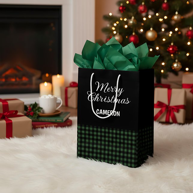 Sac Cadeau Moyen Joyeux Noël Rustique Vert & Noir Buffalo Plaid (Créateur téléchargé)