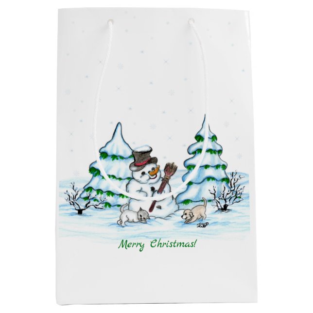 Sac Cadeau Moyen Joyeux Noël ! Snowman avec chat et chiot (Devant)