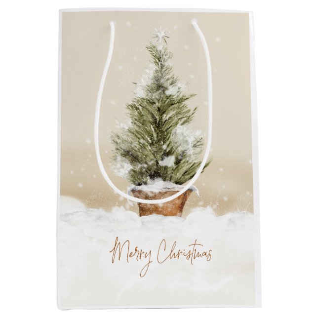 Sac Cadeau Moyen Joyeux Noël Snowy Tree Aquarelle Moyenne Cadeau (Devant)
