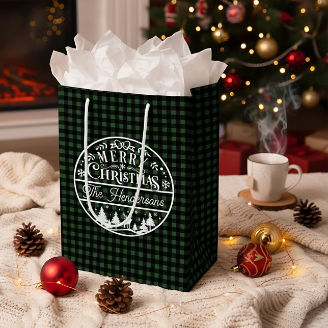 Sac Cadeau Moyen Joyeux Noël Vert & Noir Plaid Nom personnalisé (Créateur téléchargé)