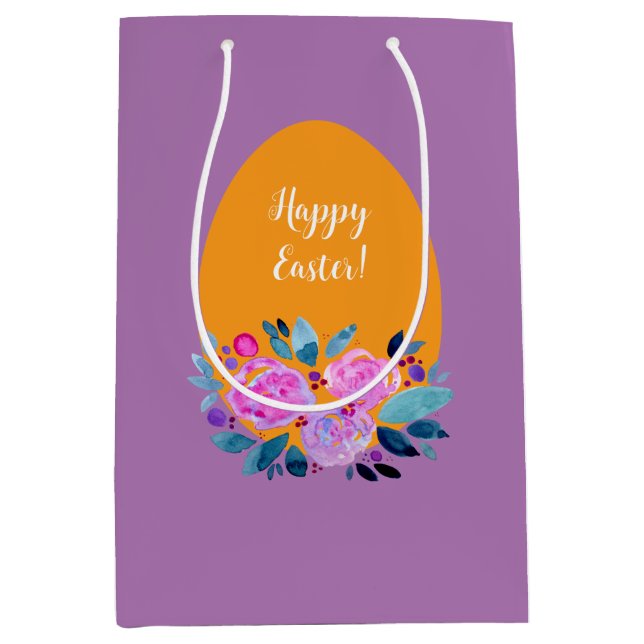 Sac Cadeau Moyen Joyeux oeuf floral de Pâques aquarelle (Devant)