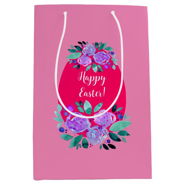 Sac Cadeau Moyen Joyeux oeuf rose fleuri à l'aquarelle de Pâques (Devant)