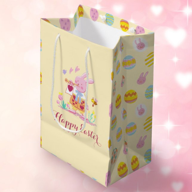 Sac Cadeau Moyen Joyeux Pâques Pink Bunny Jardin Oeuf Chasse Jaune (Créateur téléchargé)