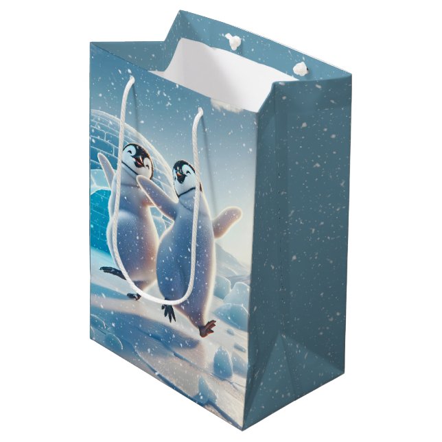 Sac Cadeau Moyen Joyeux Pingouins de Noël dansant (Devant Angle)
