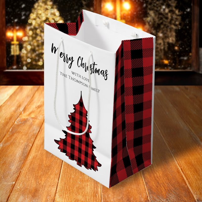Sac Cadeau Moyen Joyeux sapin de Noël Simple Buffalo Check Motif (Merry Christmas holiday red and black buffalo check pattern gift bag,)