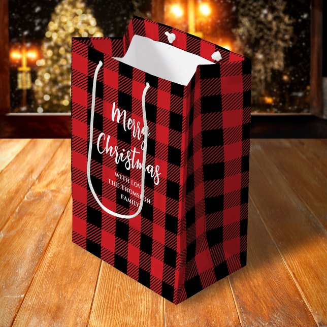 Sac Cadeau Moyen Joyeux sapin de Noël Simple Buffalo Check Motif (Merry Christmas white calligraphy buffalo check pattern gift bag)