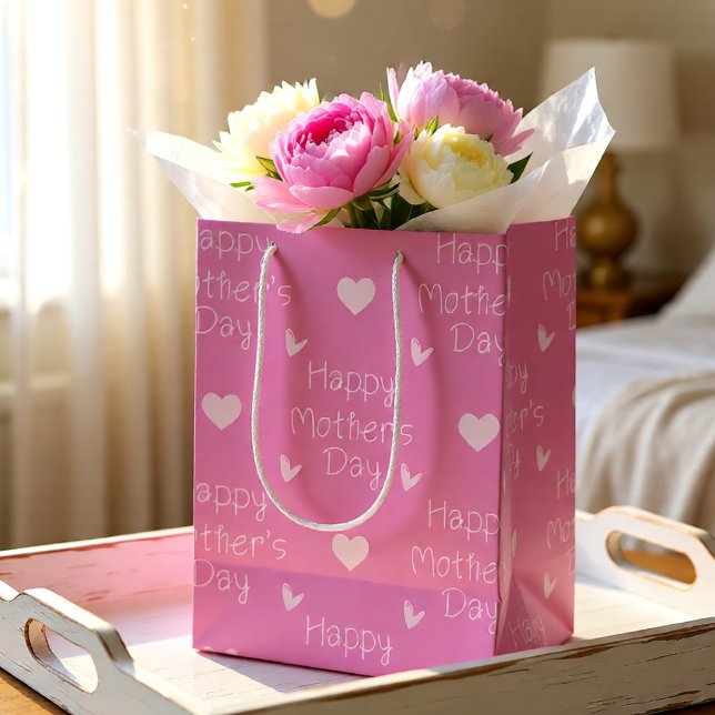 Sac Cadeau Moyen Joyeux script rose de la fête des mères (Soft Light Pink Happy Mother's Day Hearts Medium Gift Bag)