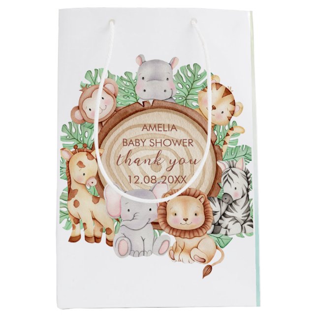 Sac Cadeau Moyen Jungle moderne animaux verdure baby shower Safari (Devant)