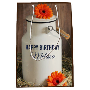 Sac Cadeau Moyen Jus de lait blanc rustique avec fleurs orange Phot