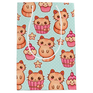 Sac Cadeau Moyen Kawaii Cute Cats Cupcakes Motif rose et bleu