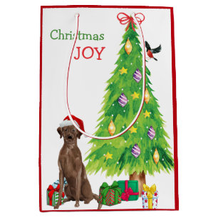 Sac Cadeau Moyen Laboratoire de chocolat Santa Hat Chiot et sapin d