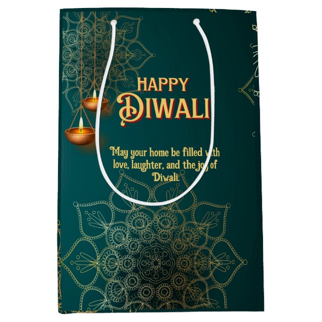 Sac Cadeau Moyen Lampes en or vert Diwali Mandala Personnalisé (Devant)