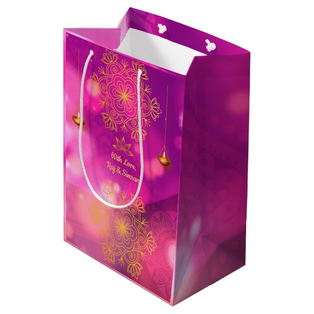 Sac Cadeau Moyen Lampes Mandala Diwali Purple Gold (Dos Angle)
