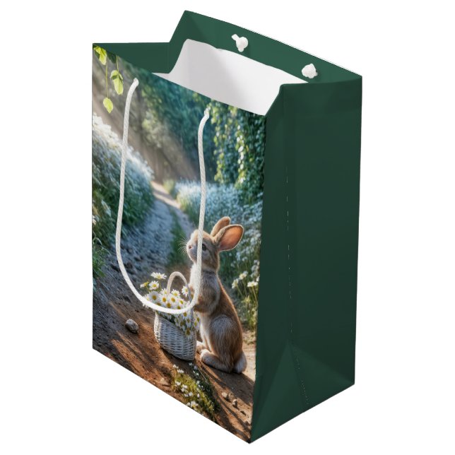 Sac Cadeau Moyen Lapin d'anniversaire avec un panier de marguerites (Devant Angle)