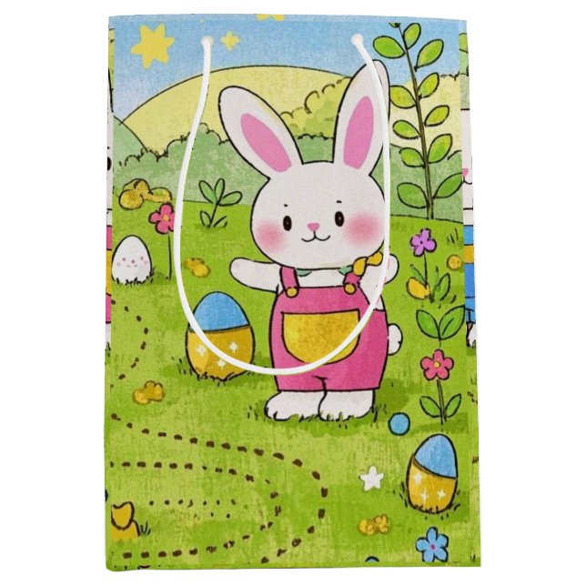 Sac Cadeau Moyen Lapin de caricature tenant une carotte (Devant)