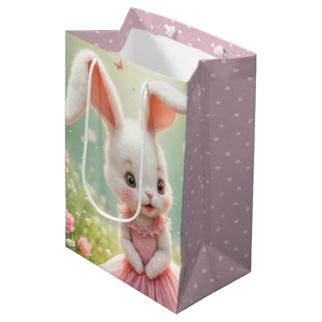 Sac Cadeau Moyen Lapin de Pâques en robe rose (Devant Angle)