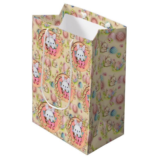 Sac Cadeau Moyen Lapin de Pâques mignon assis dans le panier (Devant Angle)