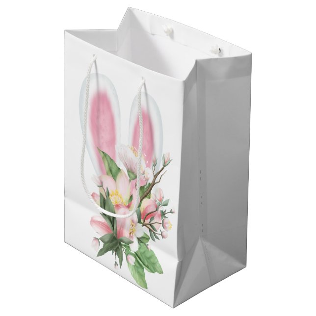 Sac Cadeau Moyen Lapin De Pâques Oreilles En Bouquet De Fleurs (Devant Angle)