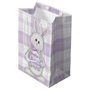 Sac Cadeau Moyen Lapin De Pâques Sur Lavande Plaid