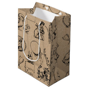 Sac Cadeau Moyen Lapin de Pâques vintage et Kraft de poussins Brown