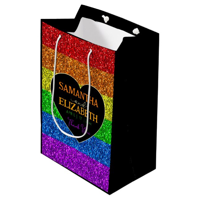 Sac Cadeau Moyen L'arc-en-ciel LGBT brille le Merci mariage (Devant Angle)