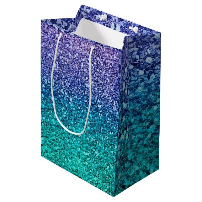 Sac Cadeau Moyen Lavande violet et Turquoise Aqua Green Sparkly Par (Devant Angle)