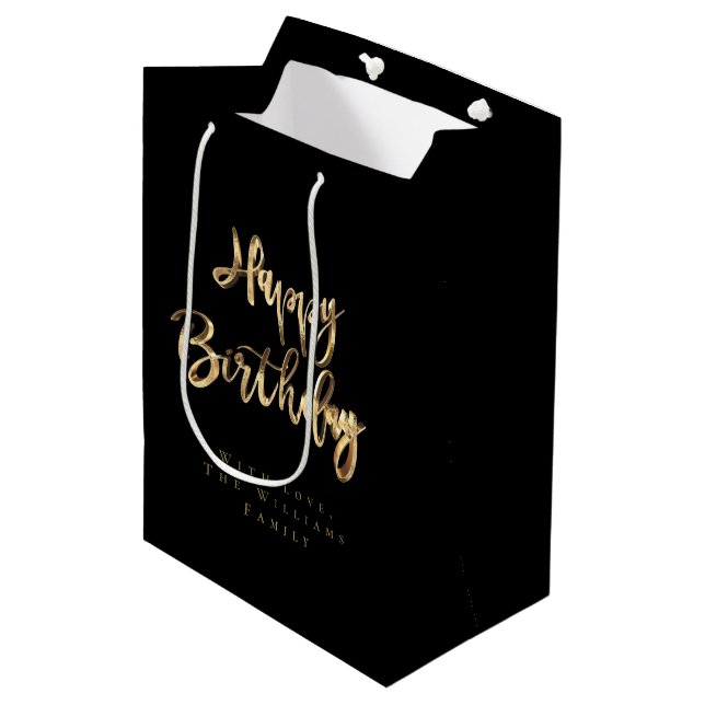 Sac Cadeau Moyen L'Elégant Gold a l'air heureux d'anniversaire Noir (Devant Angle)