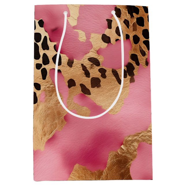 Sac Cadeau Moyen Léopard doré rose (Devant)
