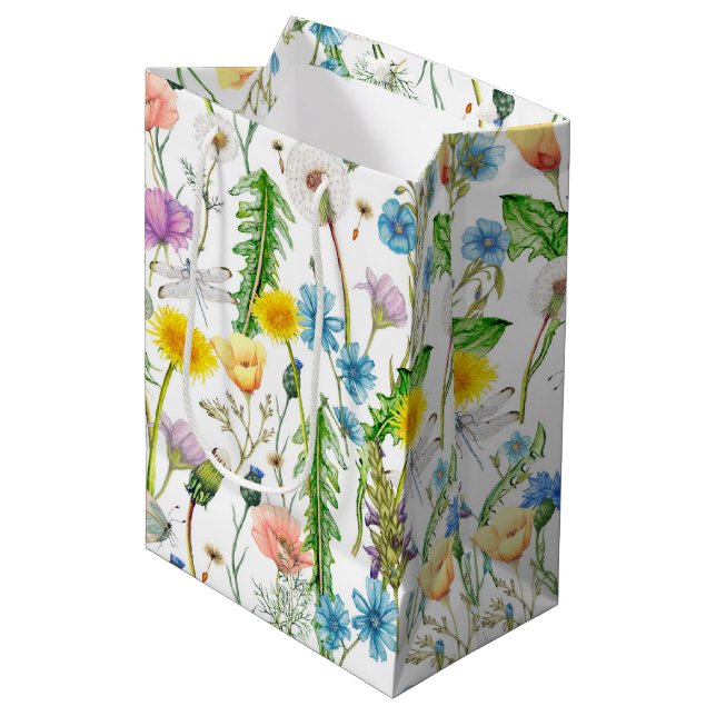 Sac Cadeau Moyen Les libellules sur les Fleurs sauvages (Devant Angle)