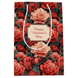 Sac Cadeau Moyen Les tons romantiques des Roses rouges et Saumon