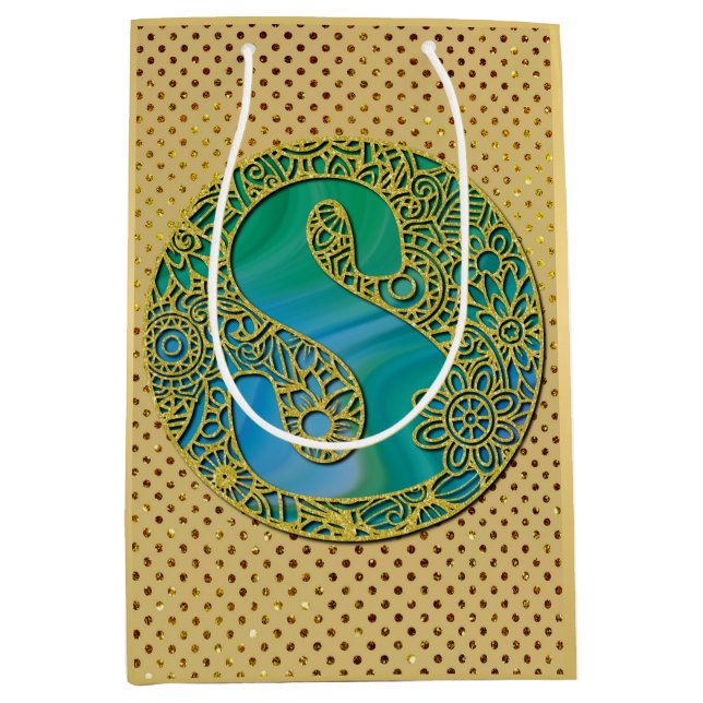 Sac Cadeau Moyen Lettre d'or initiale et turquoise du Monogramme mo (Devant)