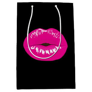 Sac Cadeau Moyen Lèvres brillantes rose chaud sur noir
