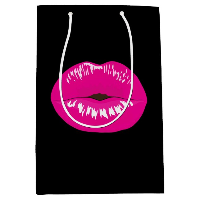 Sac Cadeau Moyen Lèvres brillantes rose chaud sur noir (Devant)