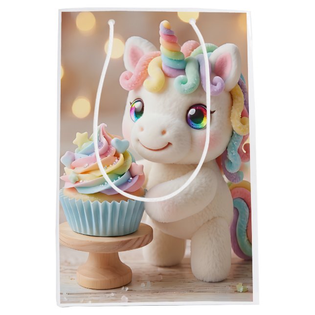 Sac Cadeau Moyen Licorne pastel avec gâteau de couleur arc-en-ciel (Devant)