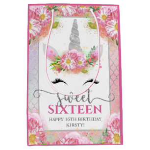 Sac Cadeau Moyen Licorne Rose et Argent Fleur Visage Douze ans
