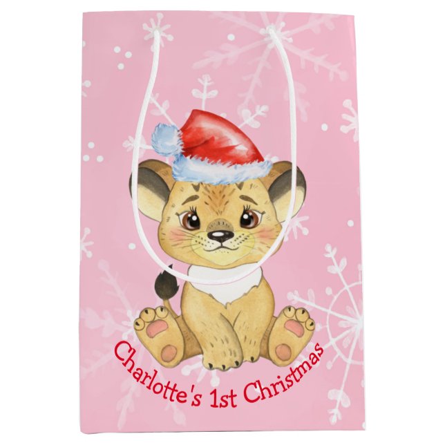 Sac Cadeau Moyen Lion personnalisé 1er Noël bébé fille rose (Devant)