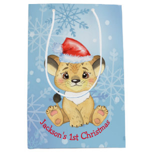 Sac Cadeau Moyen Lion personnalisé 1er Noël bébé garçon bleu 