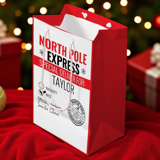 Sac Cadeau Moyen Livraison d'Express personnalisée au pôle Nord Noë (Personalized North Pole Express Delivery Christmas Medium Gift Bag
 by Ricaso. Add recipients name)