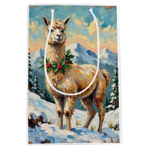 Sac Cadeau Moyen Llama vintage dans un pré de Noël enneigé