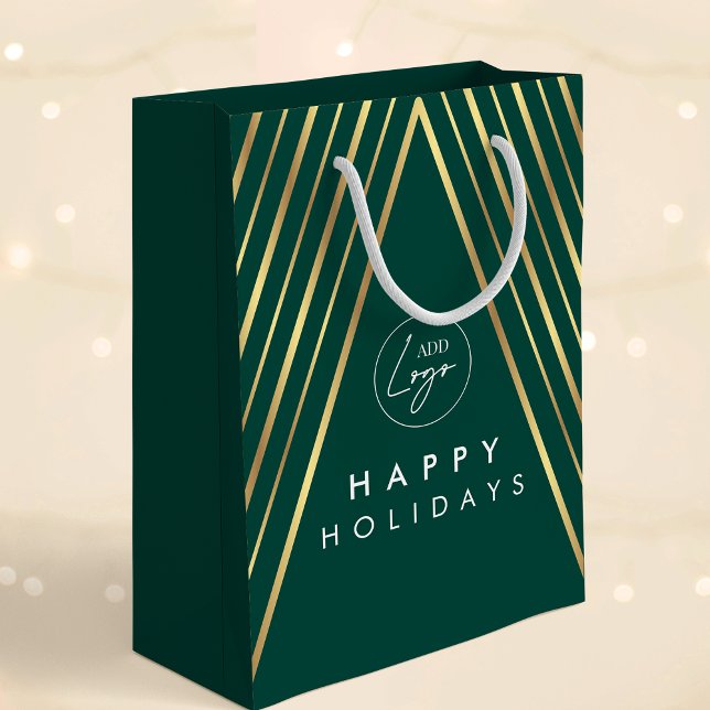 Sac Cadeau Moyen Logo de l'entreprise Green Gold Arbre de Noël géom (Elegant corporate business logo green and gold effects holiday gift bag)